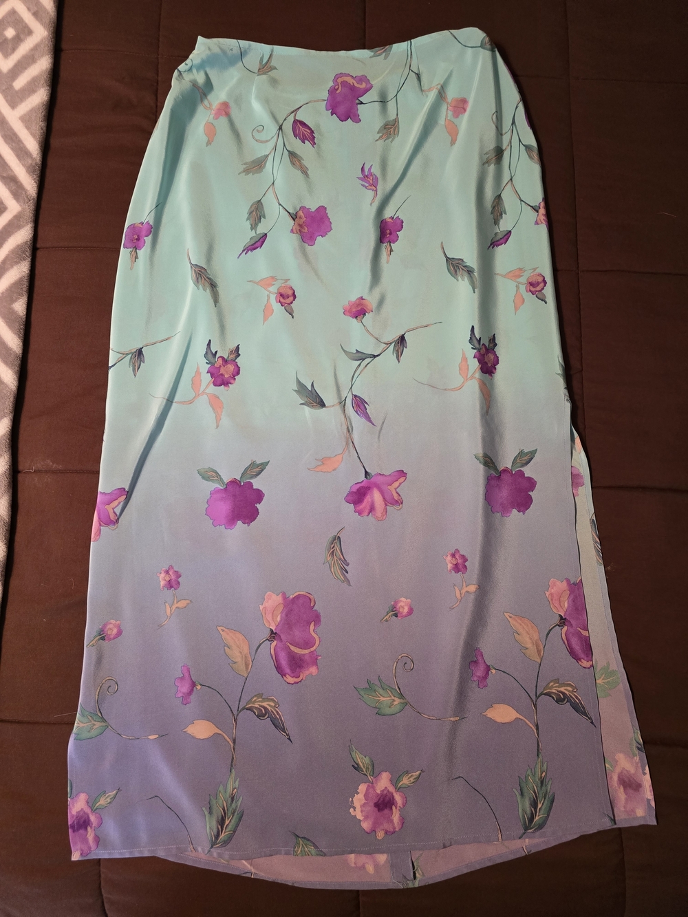 Ann Crimmins Umi Collection Teal To Purple Floral Maxi Skirt 100% Silk Ombre 12